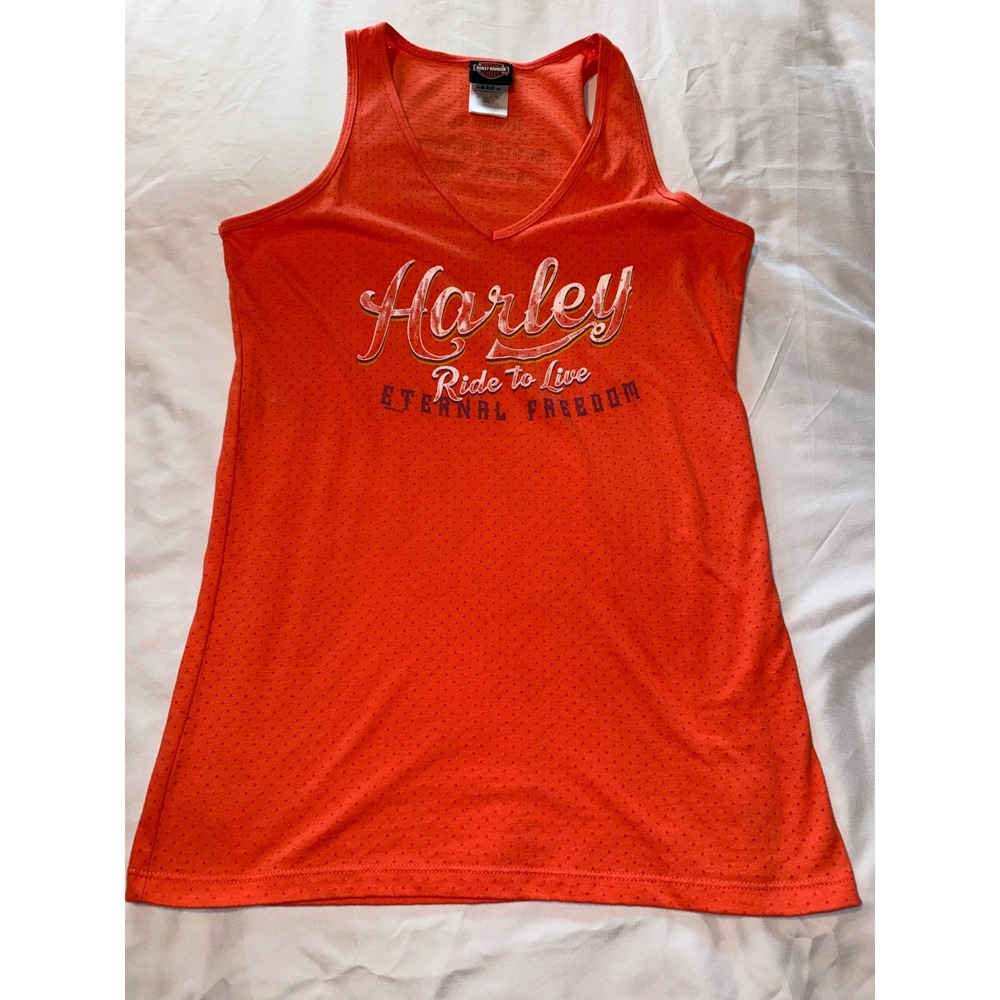 Harley Davidson Racine Wisconsin Orange Mesh Graphic Tank Top Womens Large